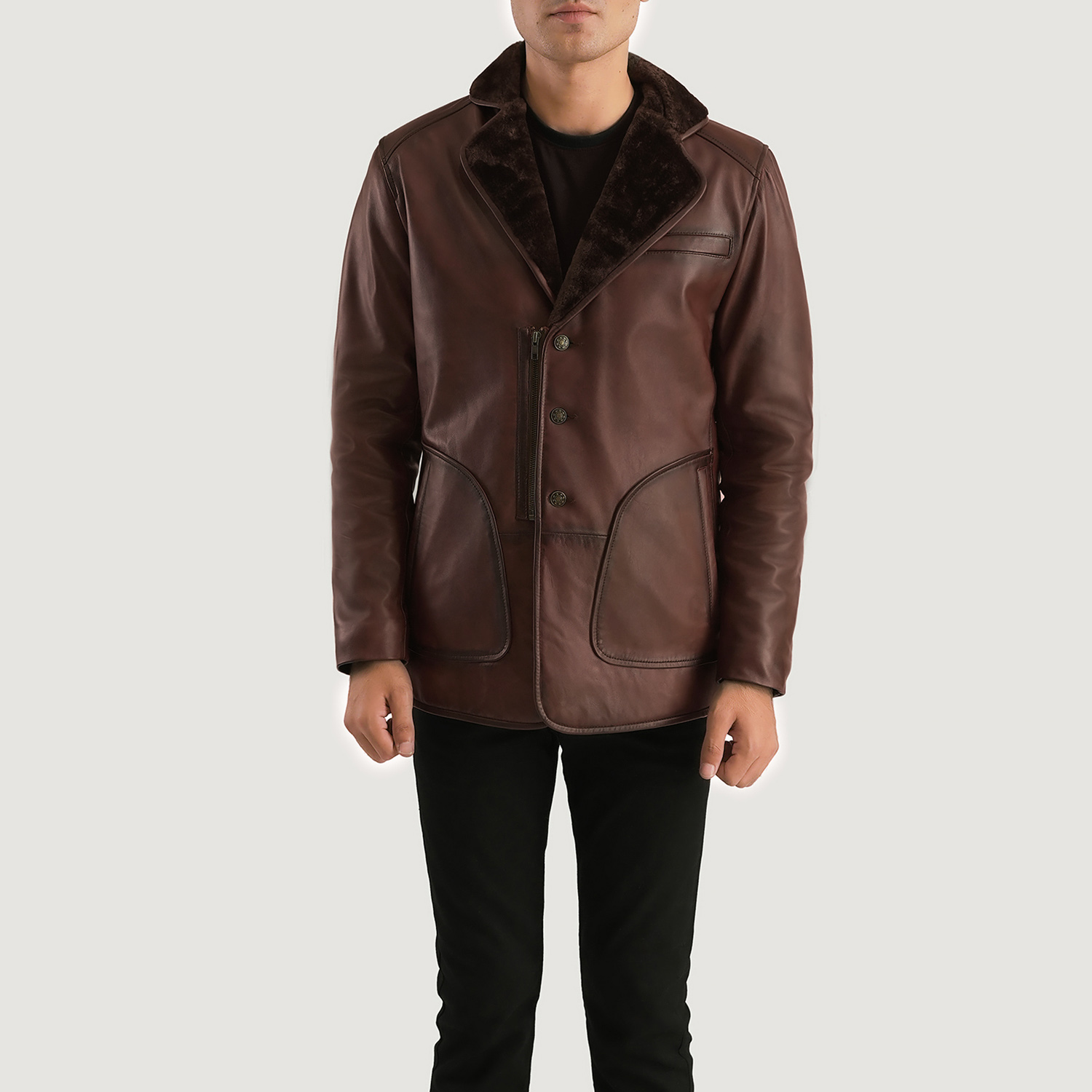 Mens Rocky Brown Fur Leather Coat Close Front-5-1701086856247